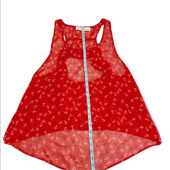 Vintage Havana Red White & Blue Sheer Anchor Print Ruffle Cut Out Back Top, M* - Picture 8 of 10